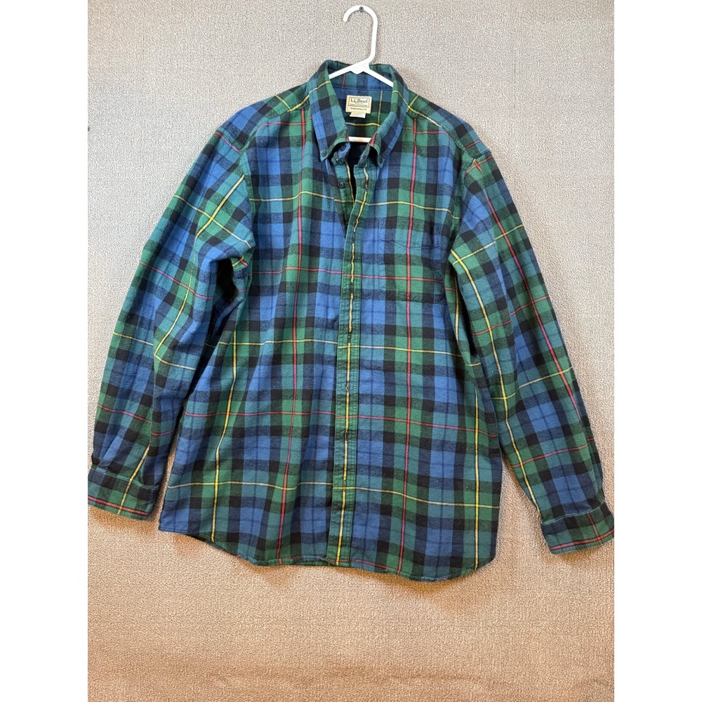 LL Bean Flannel Shirt Mens XL Tall Blue Green Plaid Excellent Traditional Fit